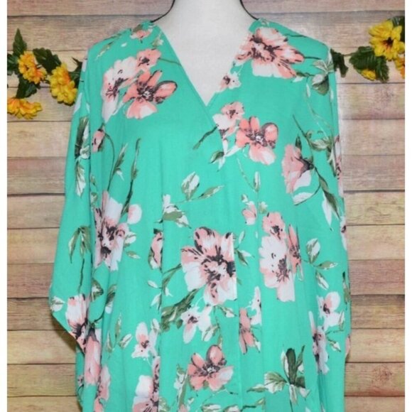 Eleven Oaks Mint Green & Pink Floral Open Front Poncho Cardigan Kimono Ladies M - Picture 3 of 12